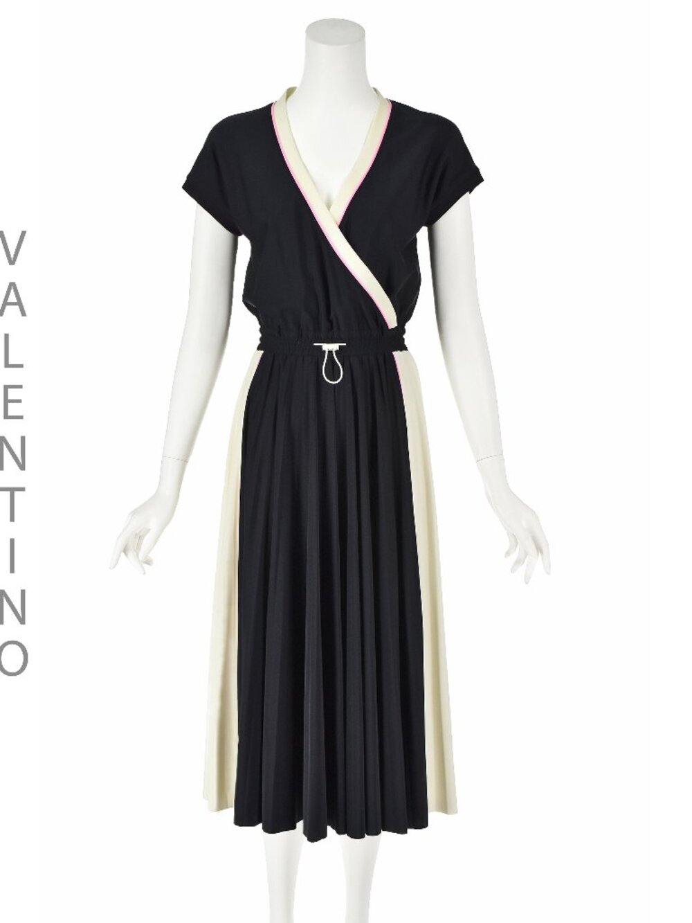 VALENTINO Black & Ivory Adjustable Waist Pleated Day Dress SZ SM